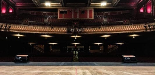 This a view of the Capitol Theatre in downtown Wheeling from the middle of the historic stage.