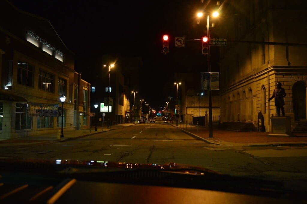 An empty corner in downtown Wheeling.