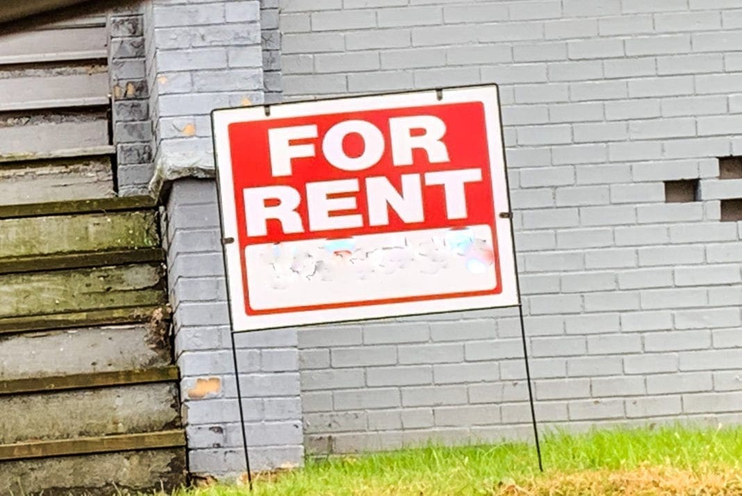 A "For Rent" sign in Wheeling, W.Va.