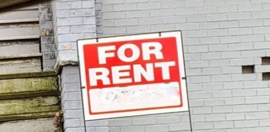 A "For Rent" sign in Wheeling, W.Va.