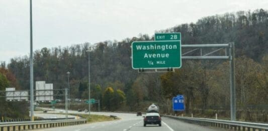 Eastbound along Interstate 70 close to the Washington Avenue exit.