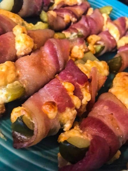 A photo of bacon wrapped pickles