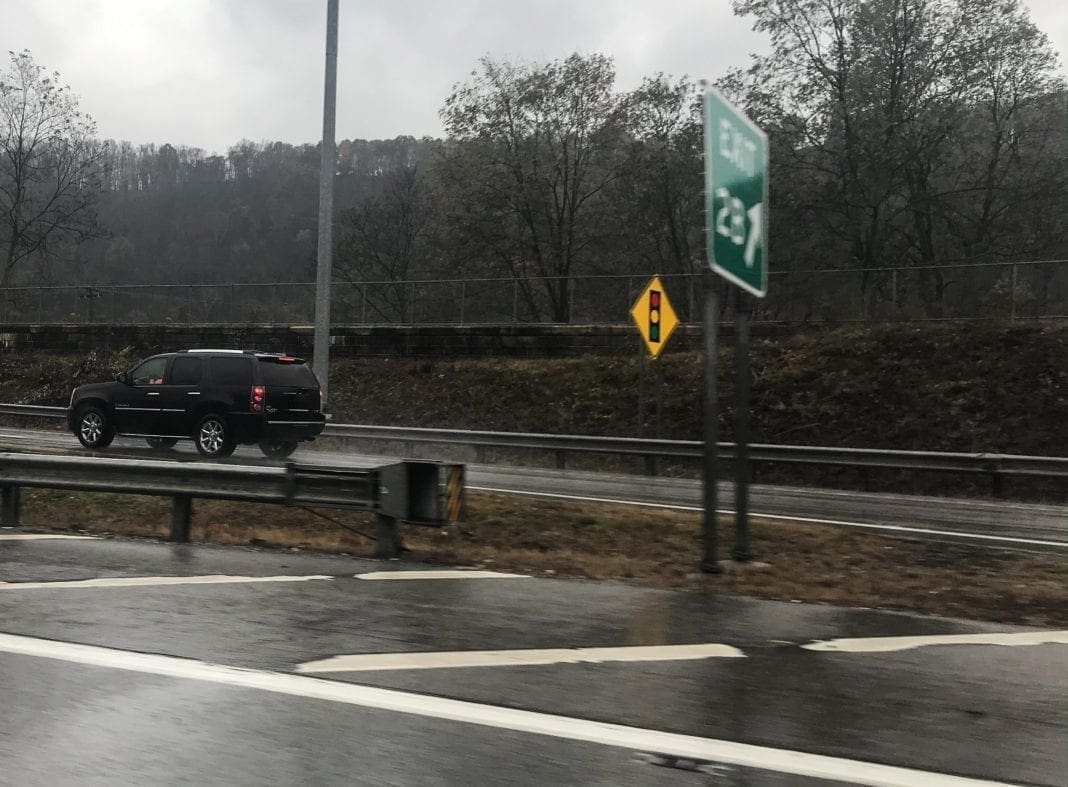 A photo of an SUV traveling the same exit ramp where a woman was found to be dragged by a car for more than five miles.