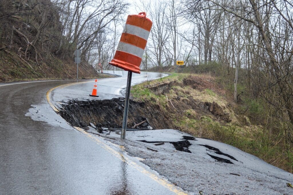 A photo of a massive road slip in Marshall County.