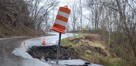 A photo of a massive road slip in Marshall County.