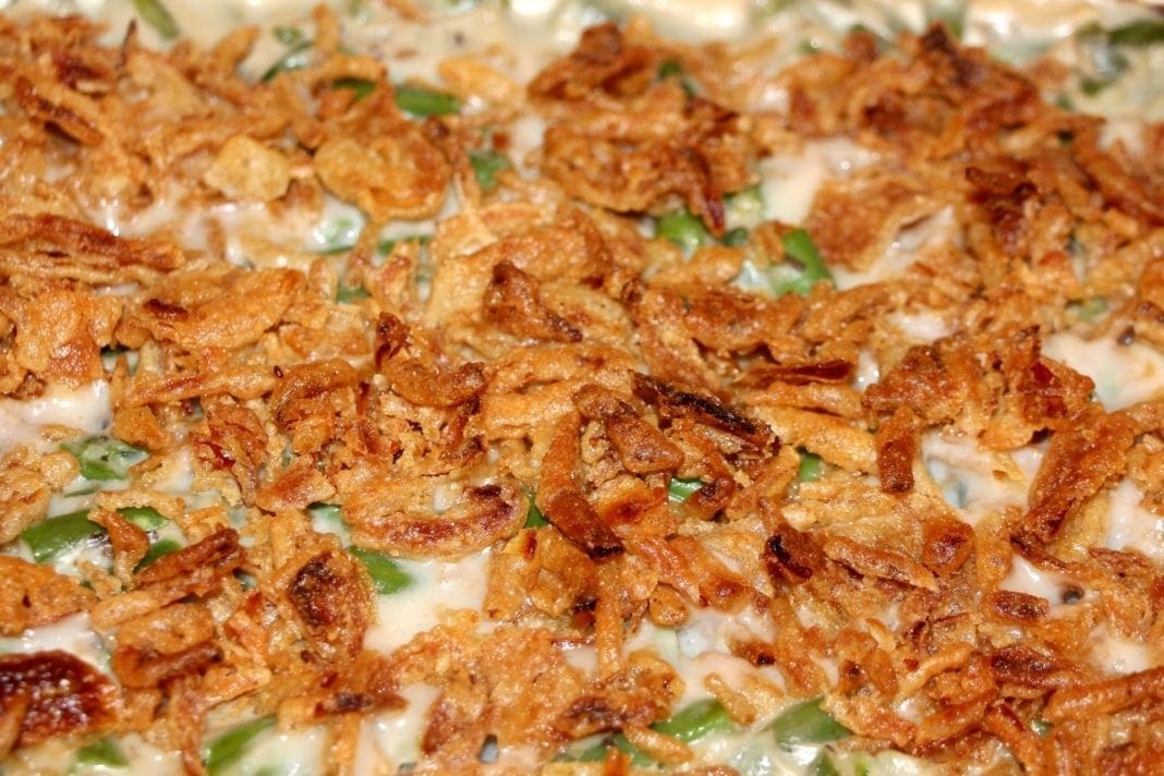 A photo of a green bean casserole.