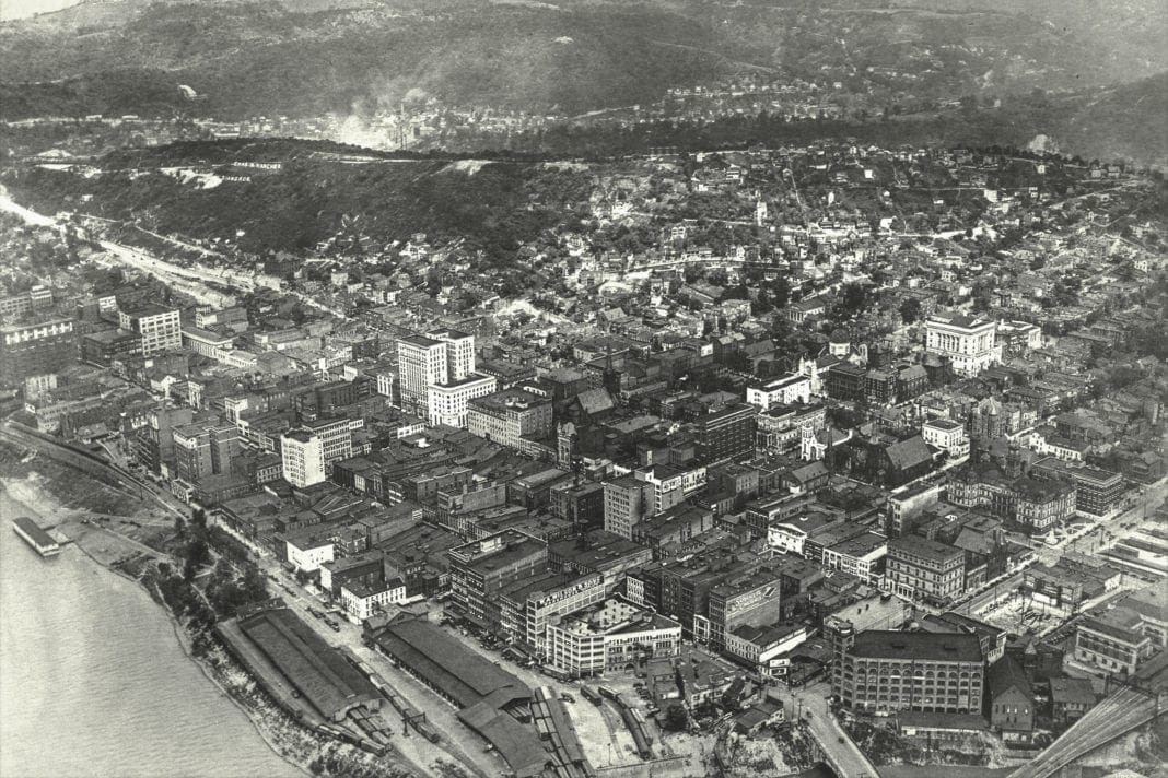 A black-and-white photo of a downtown in northern West Virginia.