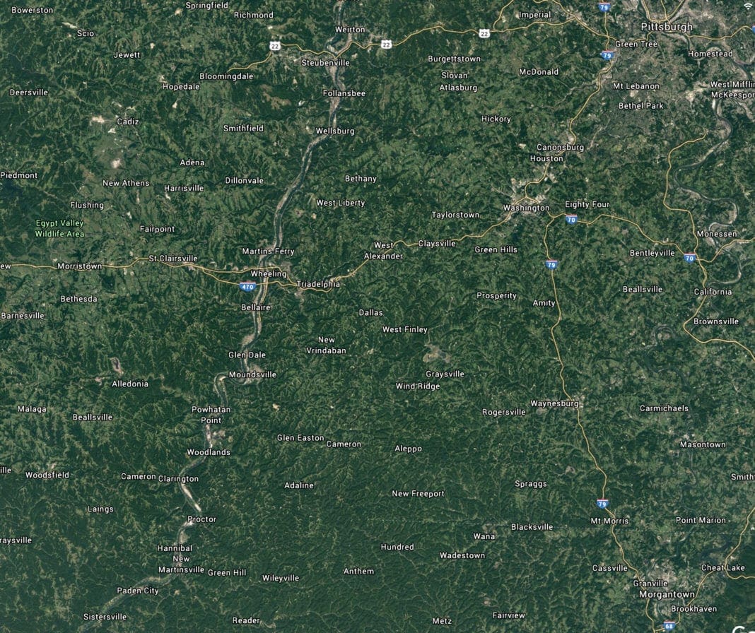 A Google Earth image of the Upper Ohio Valley.