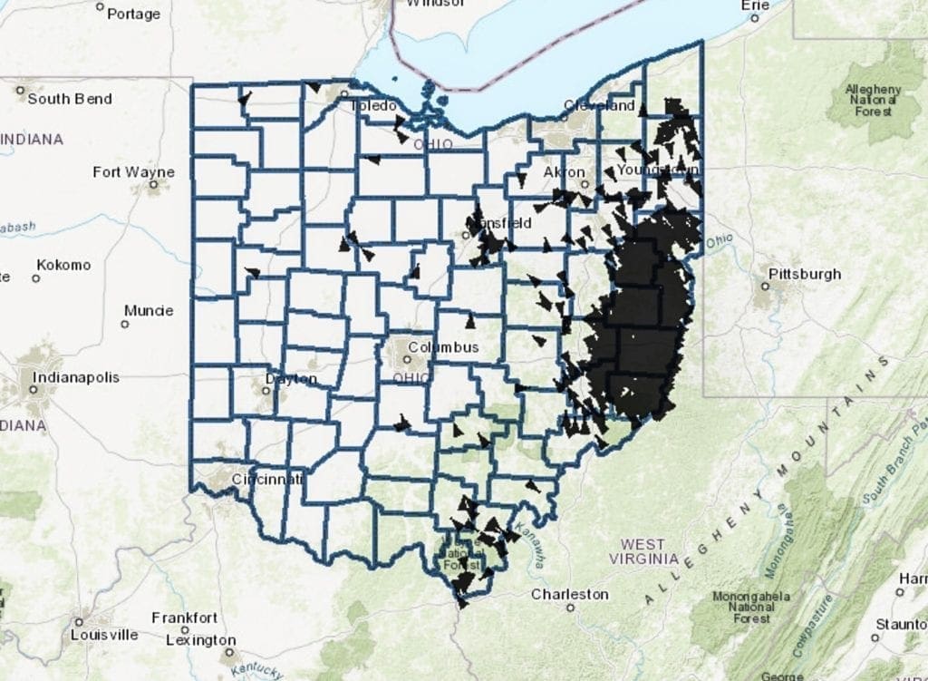 A map of the gas and oil wells in Ohio.