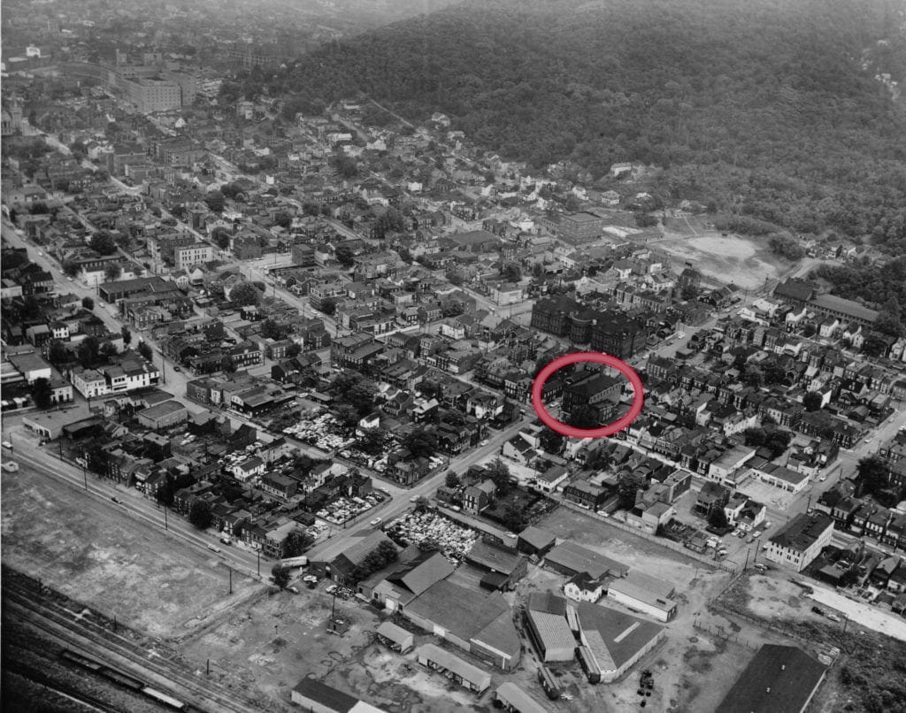 A bird's eye view of a downtown district.