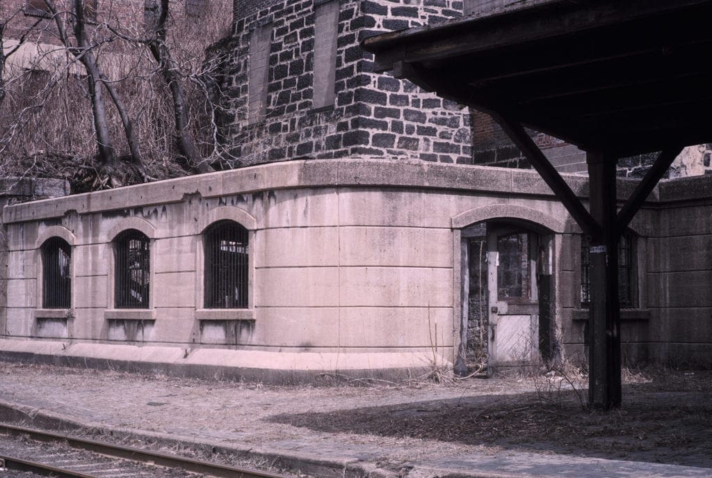 Concrete walls that was part of a railroad station.