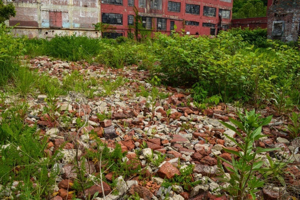 A photo of land with scattered bricks.