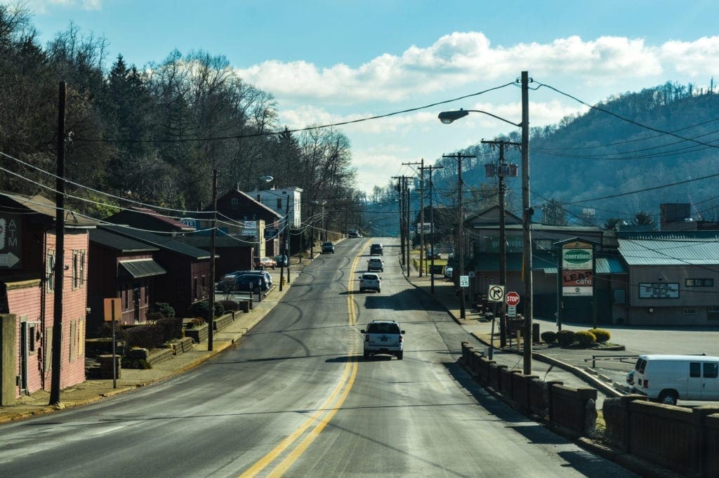 A photo of a two-lane road.