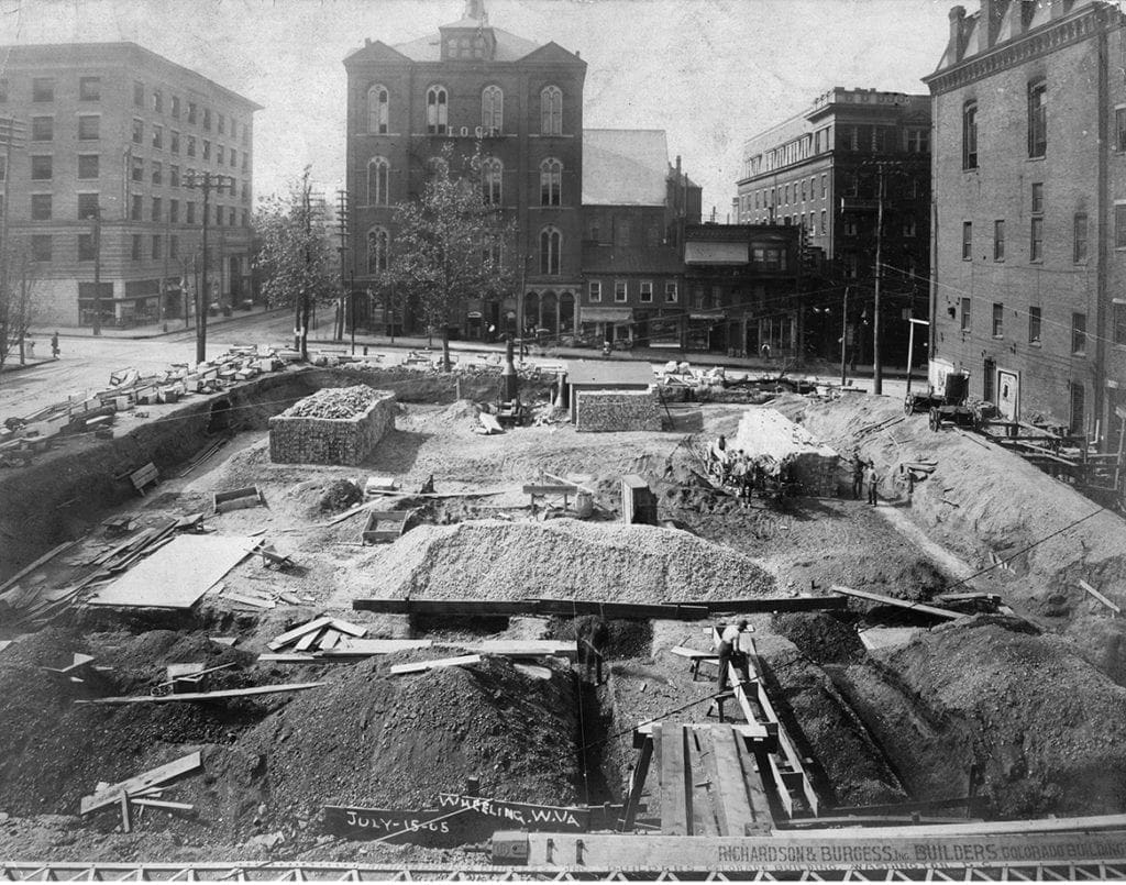 A construction site in a downtown area.