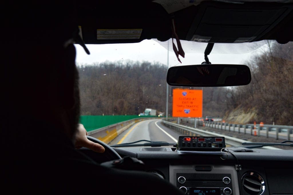 A photo taken from inside an SUV.