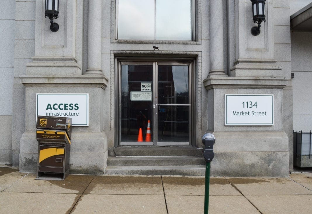 Glass doors along Market Street.