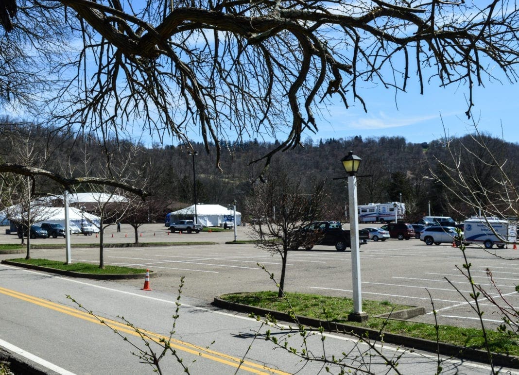 A photo of two testing tents.