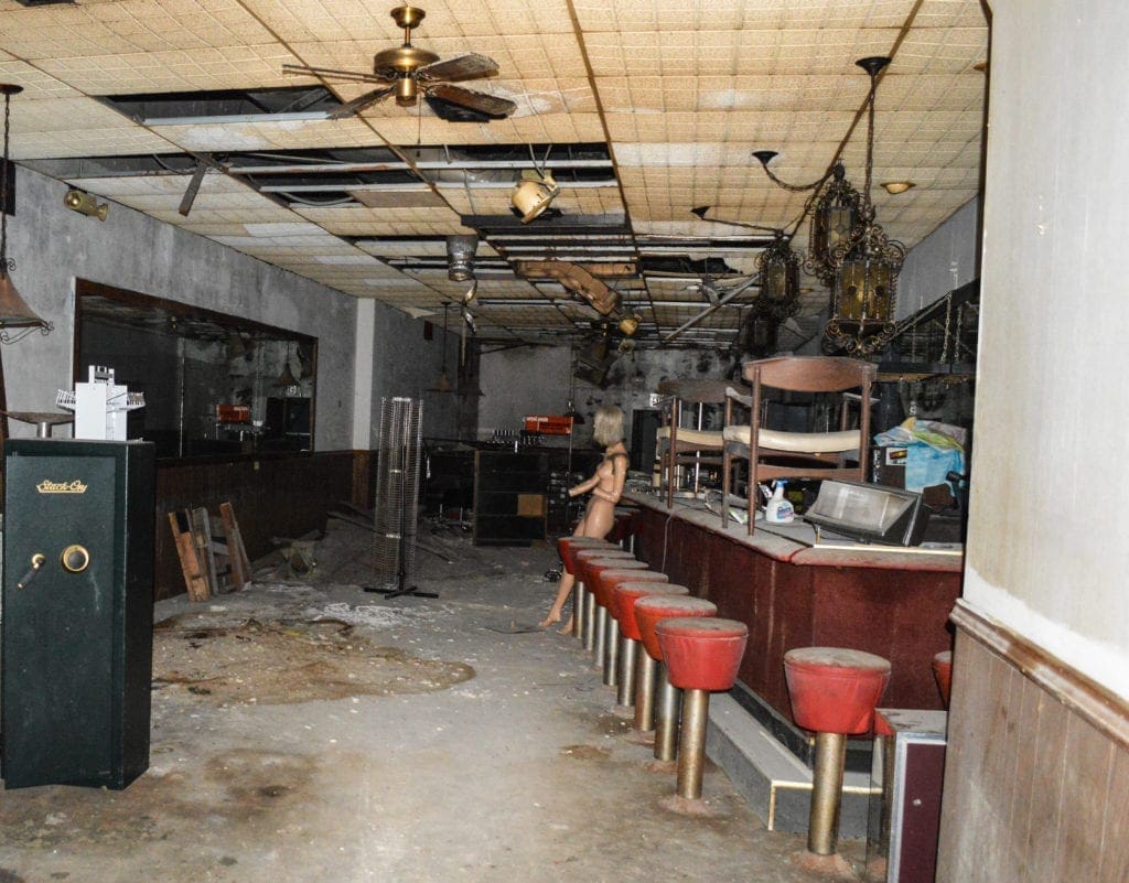 The ceiling is bad shape in this former nightclub.