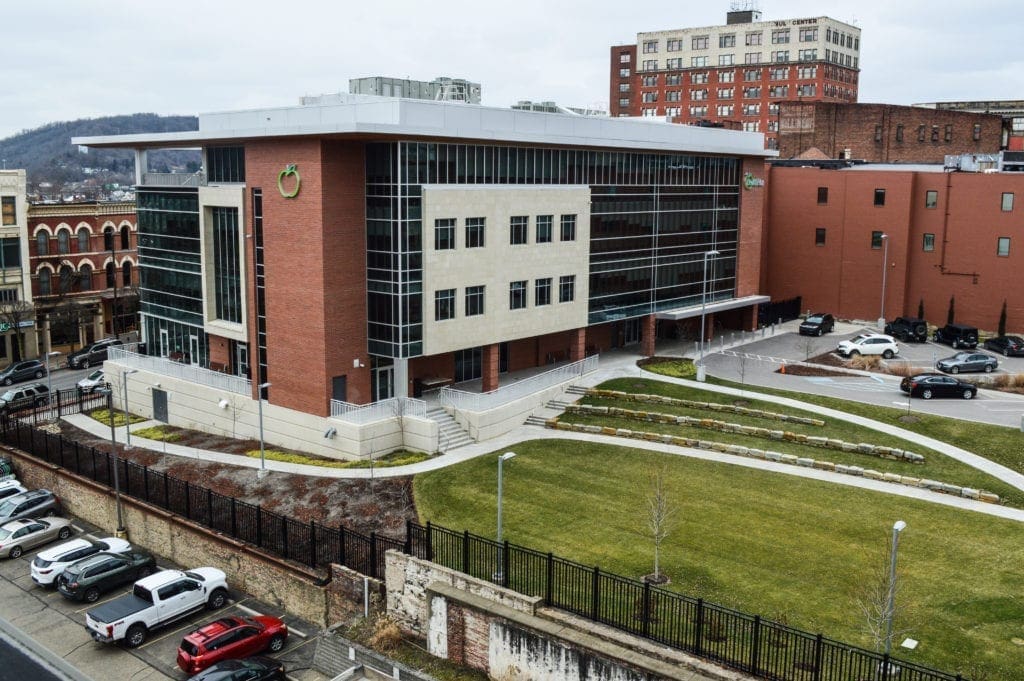 A new building in a downtown district.