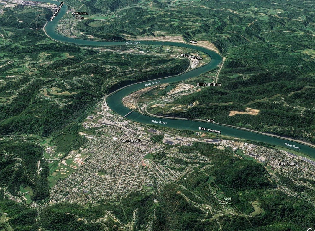 A Google Earth image of the city of Moundsville.