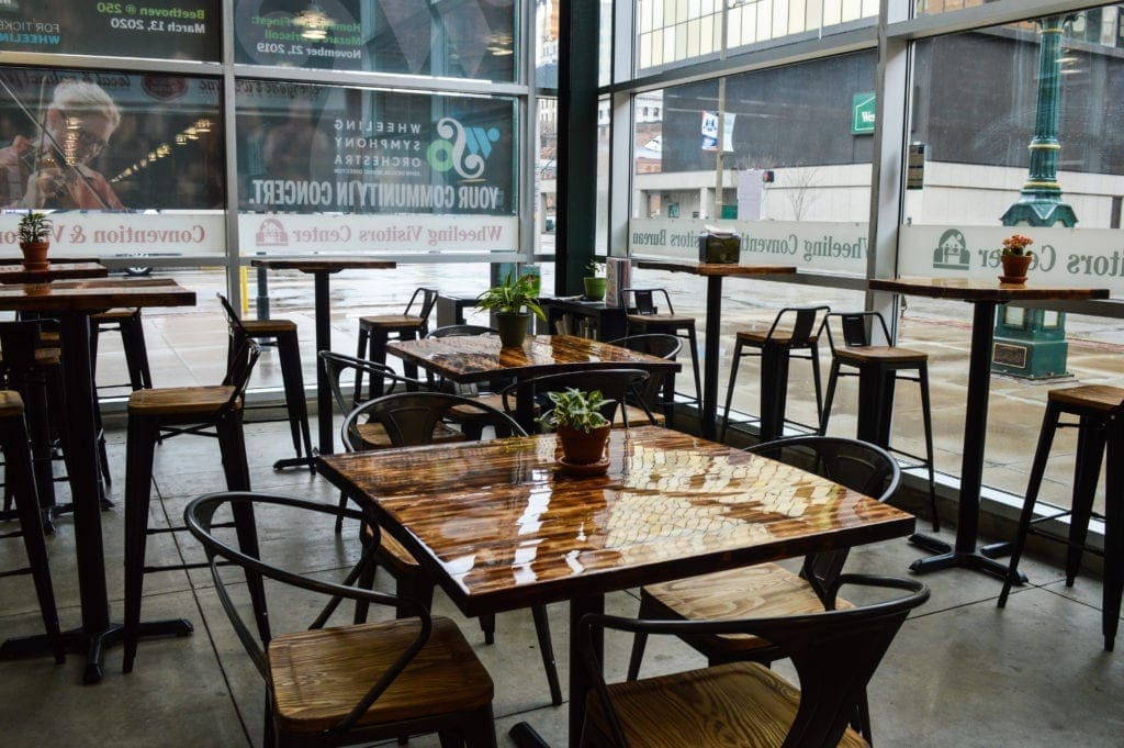 A seating area with wood tables.