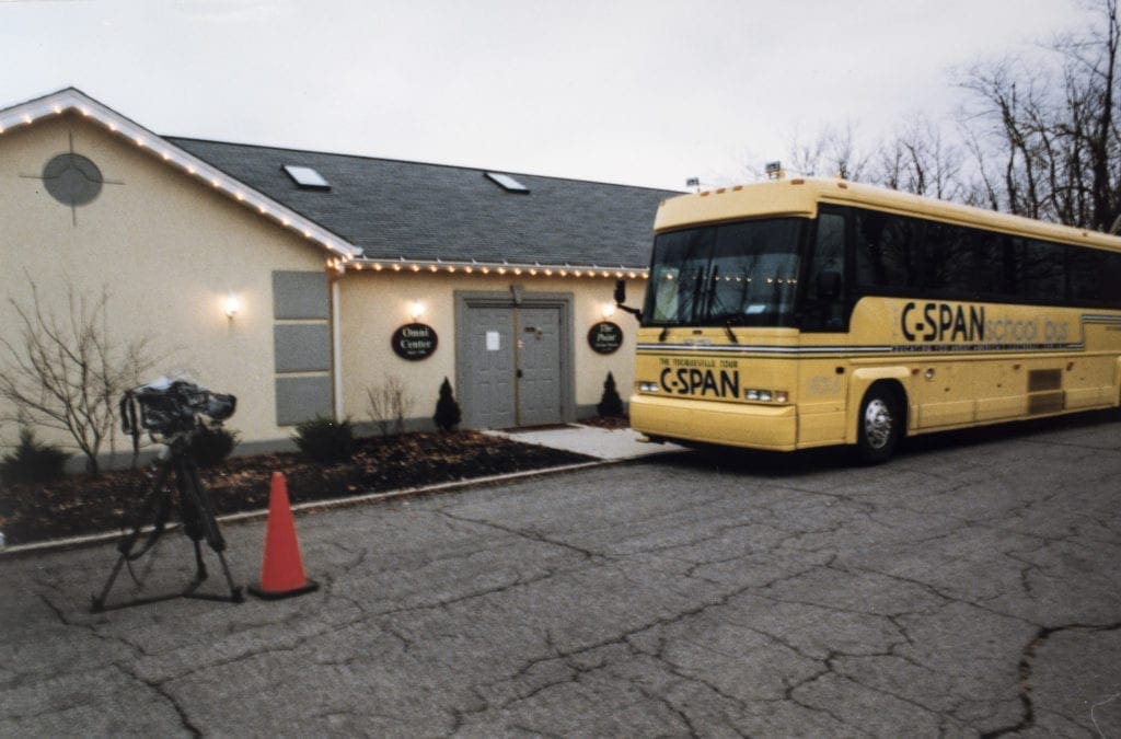 A large yellow bus.