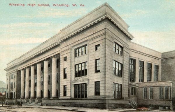 A color postcard of a public high school.