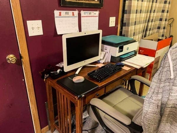 A photo of a desk in a home.