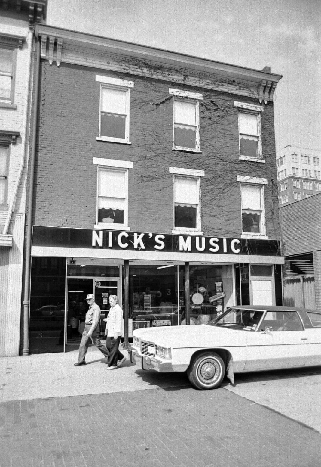 A black and white photo of the store.