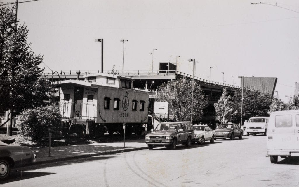 A black and white of a caboose.