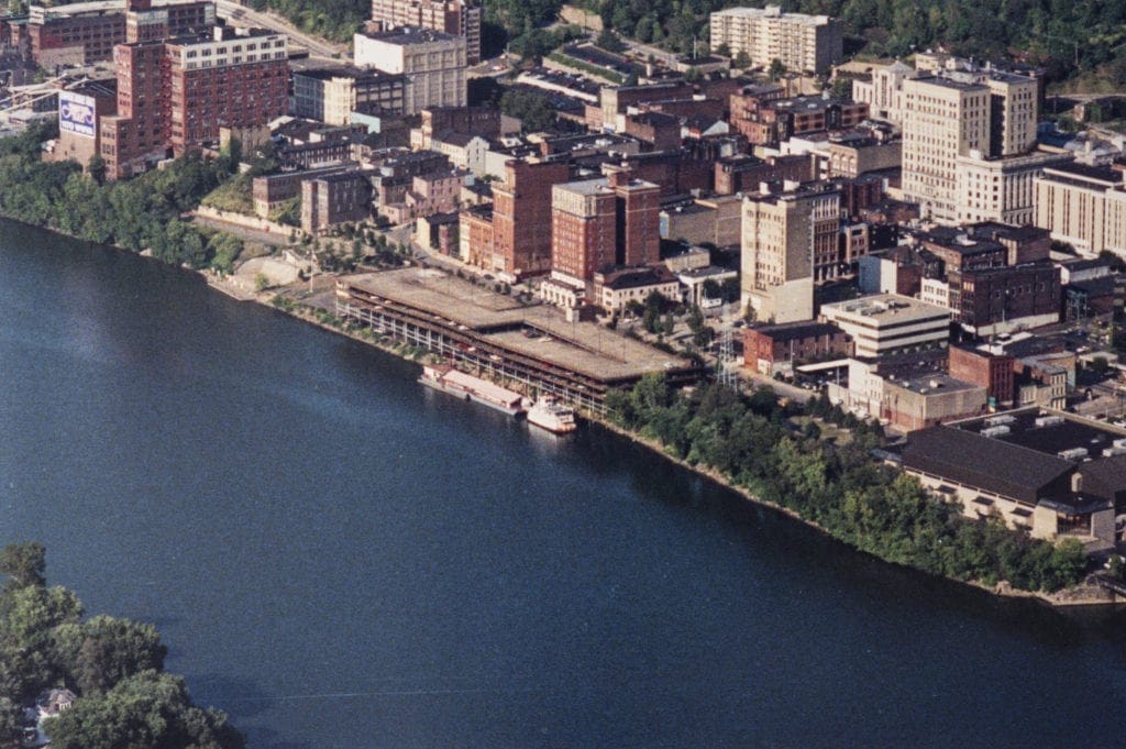 A bird's eye view of a downtown district.