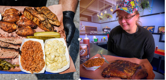 Kelly Phair is holding some brisket and beans while other pictures of menu items are shown.