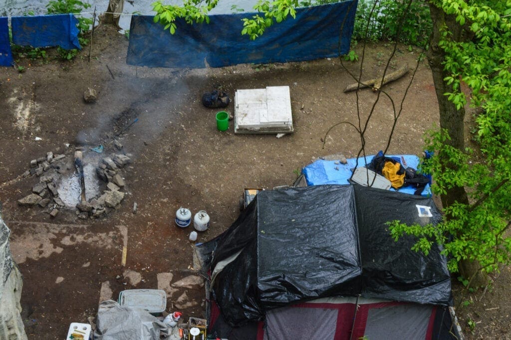 A bird's eye view of a homeless encampment.