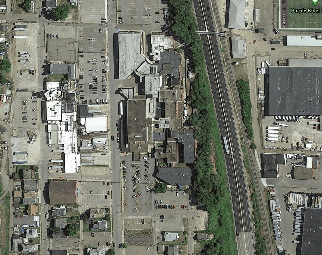 A birds eye view of a large hospital.