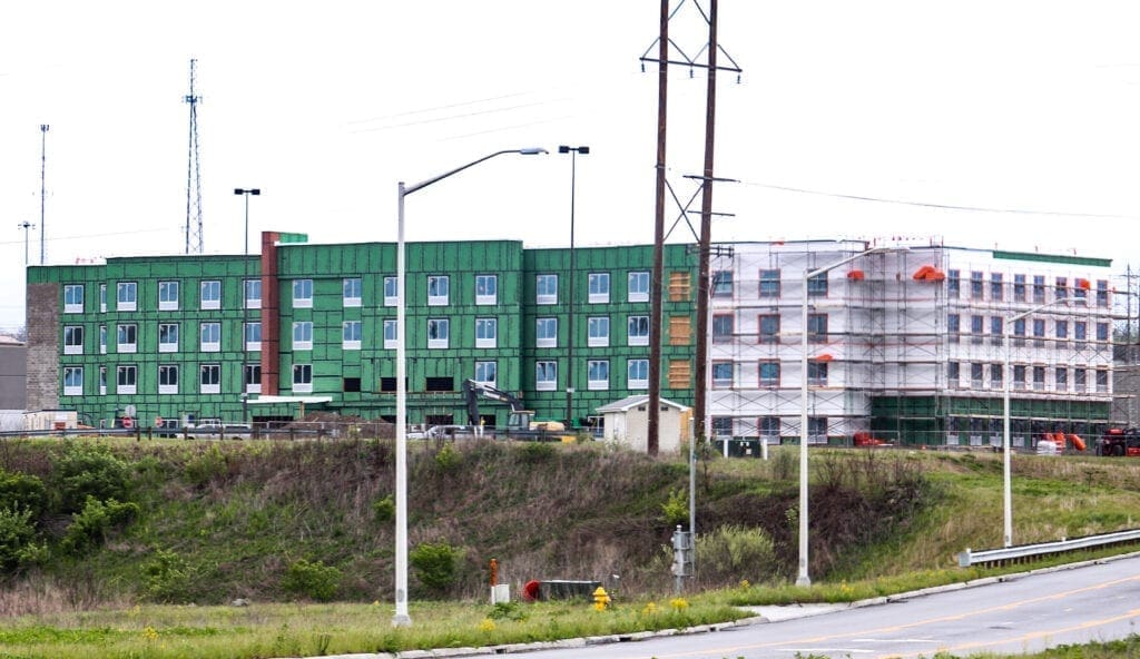 A construction scene of a hotel.