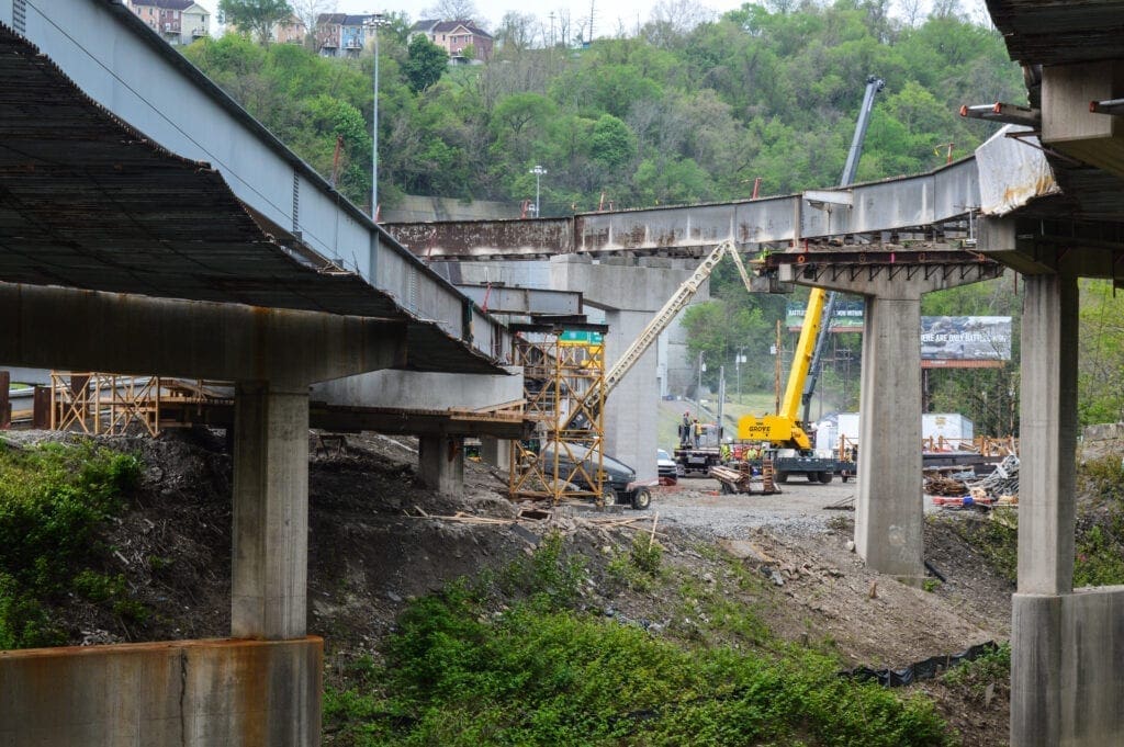 A bridge system barren of concrete.