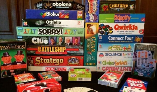 A stack of board games.