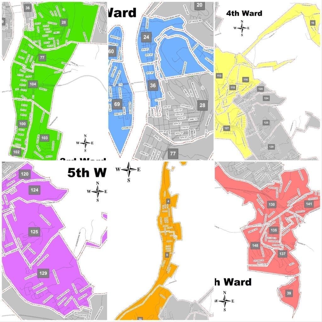 A collage of six city wards.