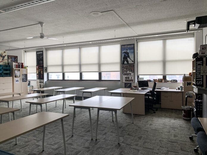 An empty classroom.
