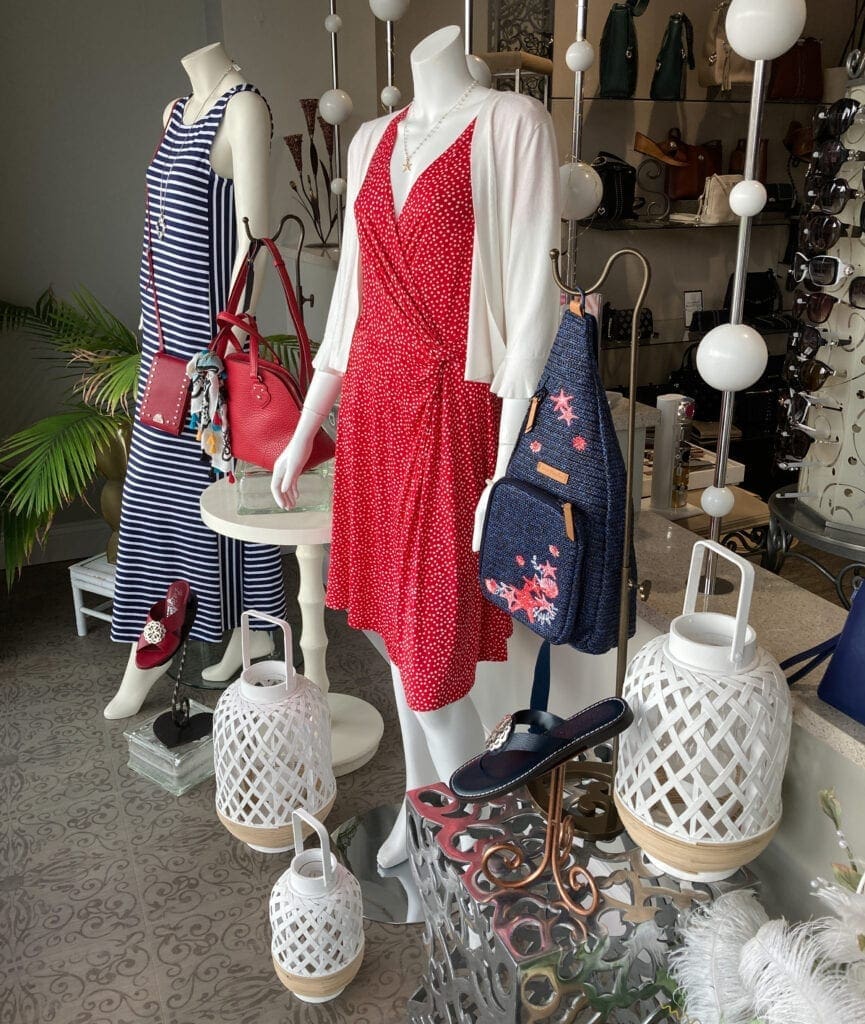 A store display of ladies' clothes.