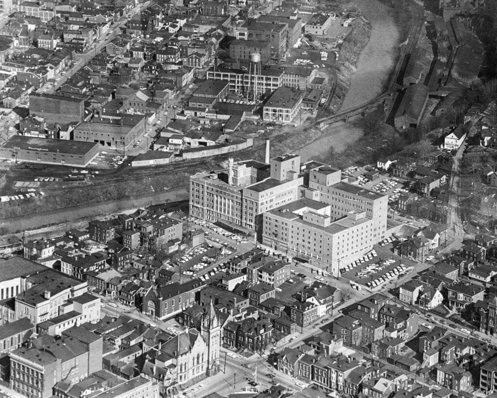 A bird's eye view of a crowded town.