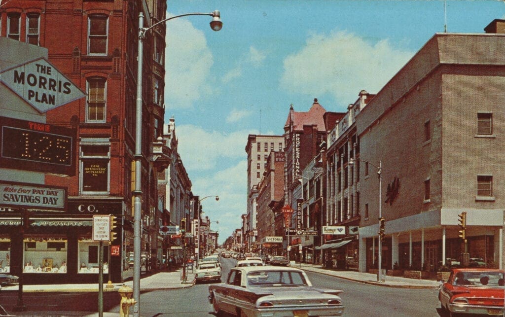 A postcard of a downtown.