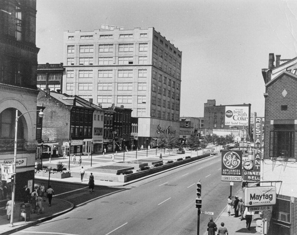 A plaza in a downtown district.