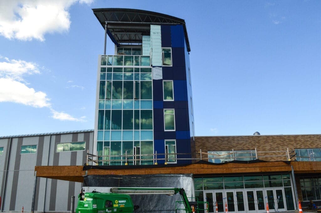 The front facade of an athletic complex.