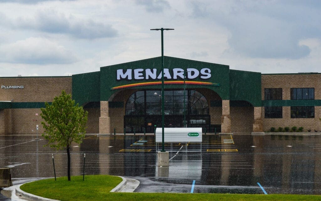 A phot of the front of a Menard's.