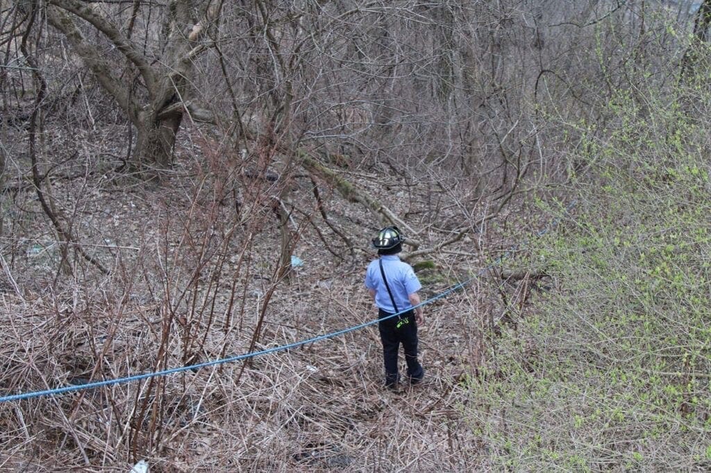 A firefighter inspecting a wooded area.