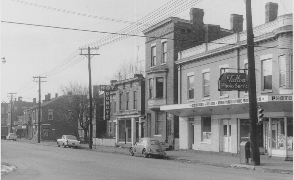 A historic photo of a neighborhood.