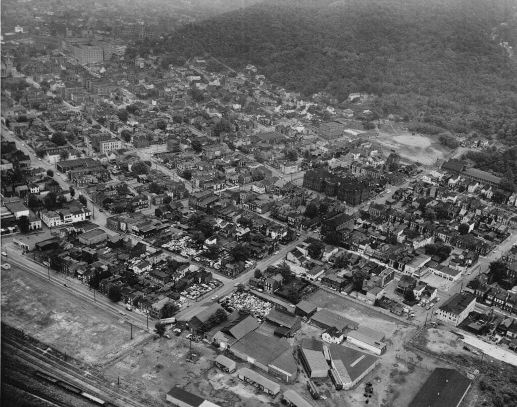 A bird's eye view of a city.