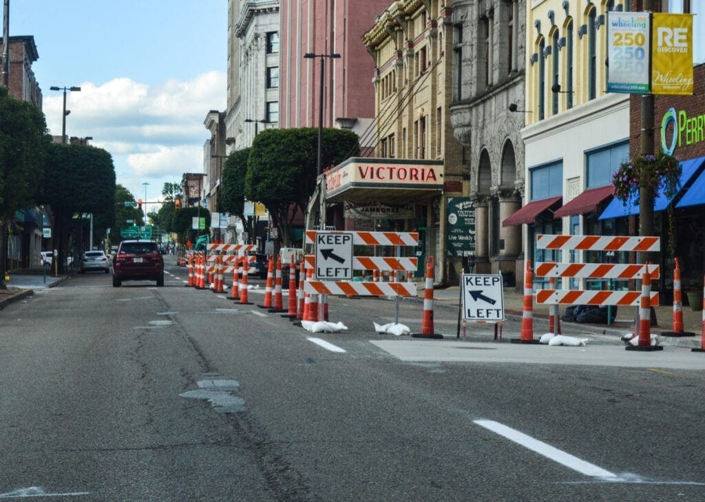 A lane closure along a downtown street.