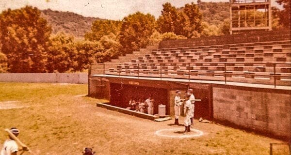 An old photo of a ballpark.